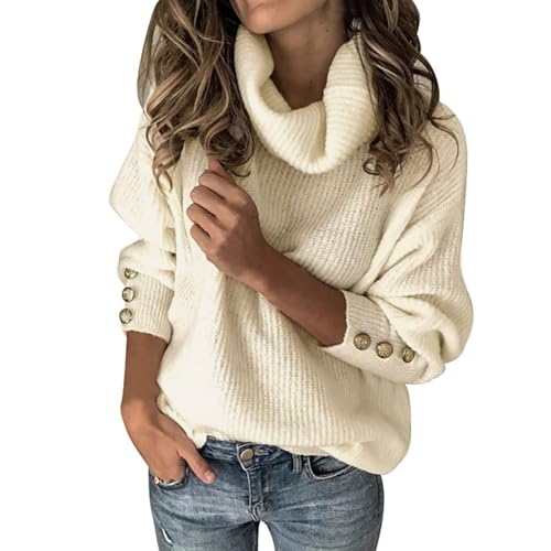 Pullover Für Damen Rollkragen Herbst Basic Strickpullover Strickpulli Sweatshirt Langarmshirts Langarm Lose Gestrickt Sweater Mit Metallknöpfen Beige M von Generisch
