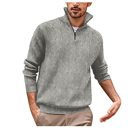 Pullover Herren Half Zip Grobstrick Basic Strick-Pulli, fitness herren, wollpulli herren, herren polo, gestreifter pullover herren, militär pullover herren, herren sweatshirt mit kragen, L, Hellgrau von Generisch