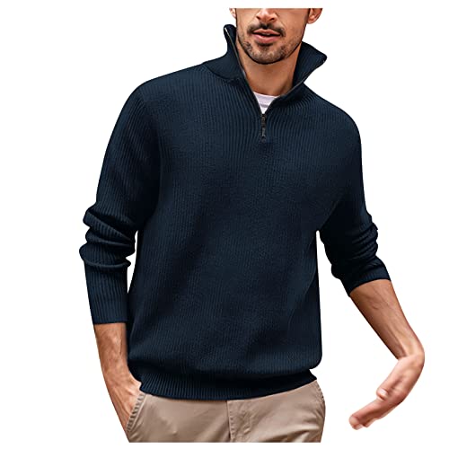 Pullover Herren Half Zip Grobstrick Basic Strick-Pulli, leichter pullover herren, norweger pullover herren baumwolle, wolle pullover herren, stehkragen hemd herren, thermopulloverherren, XL, Navy von Generisch