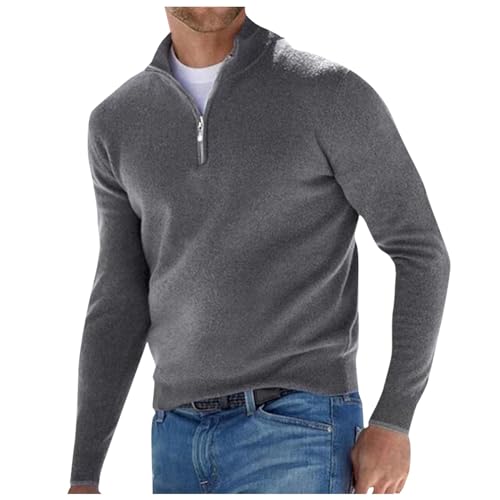 Pullover Herren Half Zip Grobstrick Basic Strick-Pulli, sportkleidung Mann, Undershirt Men, Grauer Pullover Herren, Kaschmir Pullover, Herren Pullover mit Kragen, Poloshirt Herren Langarm, XXL, Grau von Generisch