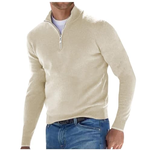 Pullover Herren Half Zip Grobstrick Basic Strick-Pulli, t-Shirt Herren schwarz, norwegermuster Pullover, Sweater, Herren Hoodies, Strickpullover Herren Winter, männer Pullover warm, L, Beige von Generisch