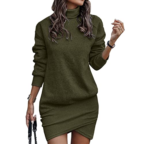 Pullover Kleid Damen Herbst Winter Warm Pulloverkleid Plüsch Sweatkleid Lang Kleider Longpullover Freizeitkleid Rollkragen Dress Langarm Sweatshirt Freizeitkleid Herbst Winter (01 Armeegrün, XXL) von Generisch