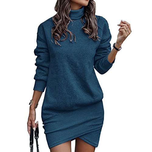 Pullover Kleid Damen Herbst Winter Warm Pulloverkleid Plüsch Sweatkleid Lang Kleider Longpullover Freizeitkleid Rollkragen Dress Langarm Sweatshirt Freizeitkleid Herbst Winter (01 Dunkelblau, M) von Generisch