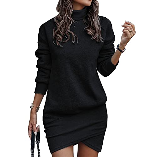 Pullover Kleid Damen Herbst Winter Warm Pulloverkleid Plüsch Sweatkleid Lang Kleider Longpullover Freizeitkleid Rollkragen Dress Langarm Sweatshirt Freizeitkleid Herbst Winter (01 Schwarz, XXL) von Generisch