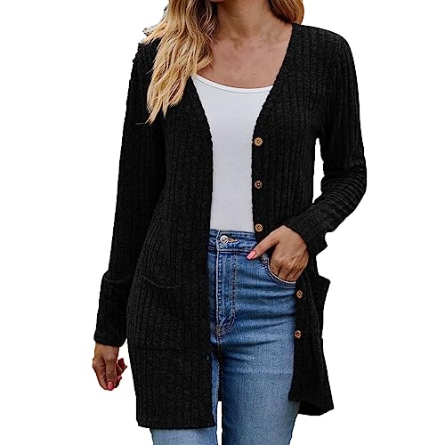 Pullover & Strickjacken für Damen Lang Strickjacke mit Knöpfen Open Front Cardigan Elegant Leichte Longstrickjacke Strickmantel Mädchen Langarm Übergangsjacke Baumwolle Jacke Sweater Outwear von Generisch