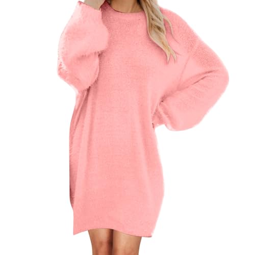 Pulloverkleid Damen Große Größen Plüsch Kleid Elegant Knielang Herbstkleid Einfarbig Fleece Sweatkleid Rundhals Pullover Minikleid Langarm Sweatshirtkleid Freizeit Winterkerleid Longpullover Kleid von Generisch