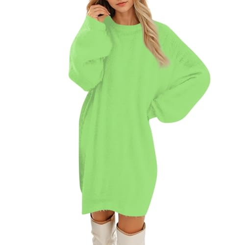 Pulloverkleid Damen Oversize Strickkleid Herbst Winterkleid Locker Longpullover Modische Knielang Wollkleid Langarm Pullis Rundhals Strickpullover Elegante Sweatkleid 4#Fluoreszierendes Grün M von Generisch