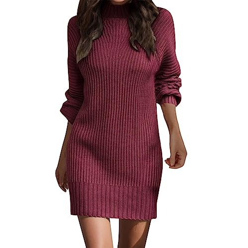 Pulloverkleid Damen Sexy Kurz A-Linie Herbst Winter Wolle Tunika Kleid Strickkleid Knielang Rundkragen Tailliert Figurbetont Winterkleid Strickkleider Geripptes Elegant Eng Baumwolle Langarm von Generisch