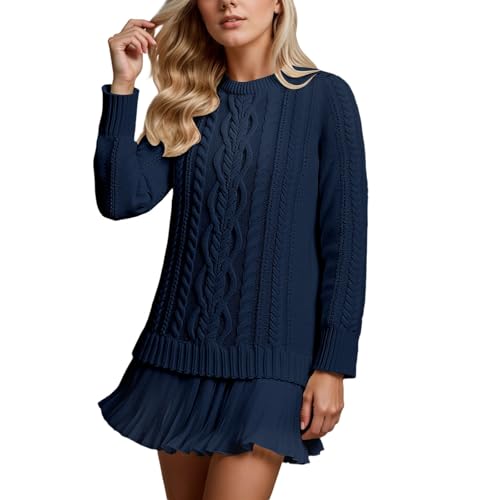 Pulloverkleid Strickkleid Damen Elegant mit Spitze Rock Winterkleider Warm Sweater Strickpullover Einfarbig Pullover Wollpullover Pulli Herbst Winter BU1 L von Generisch