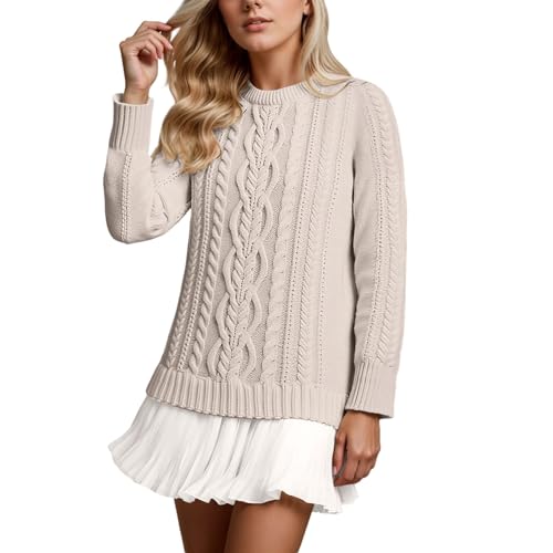 Pulloverkleid Strickkleid Damen Elegant mit Spitze Rock Winterkleider Warm Sweater Strickpullover Einfarbig Pullover Wollpullover Pulli Herbst Winter Beige L von Generisch