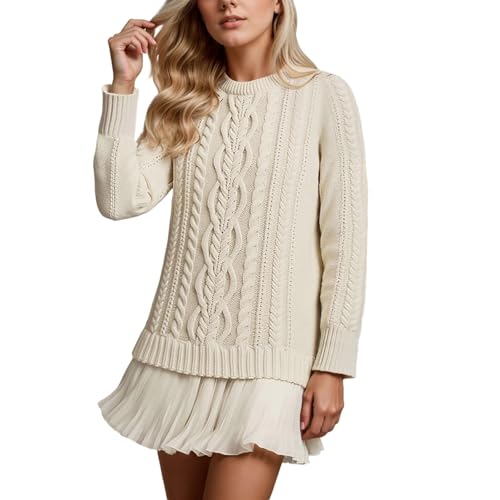 Pulloverkleid Strickkleid Damen Elegant mit Spitze Rock Winterkleider Warm Sweater Strickpullover Einfarbig Pullover Wollpullover Pulli Herbst Winter Weiß M von Generisch