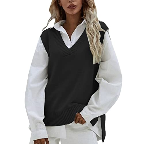 Pullunder Grau Damen Oversize Braune Winter Strickpullunder Sweater Vest Baumwolle Warm V Ausschnitt Pullover Pullover Vest Strickweste Klassisch Ärmellos Pullunder Damenpulli von Generisch