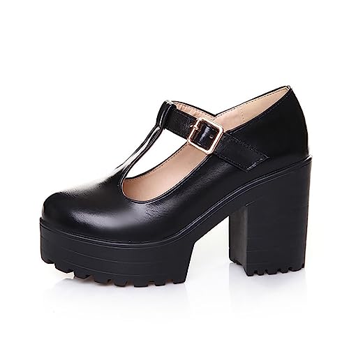 Pumps Damen Blockabsatz - Mary Jane Schuhe Damen Plateau Gothic - Chunky High Heels T-Riemen Halbschuhe Schnalle Riemchensandalen Blockabsatz Stöckelschuhe Slip-On Loafers Einzelne Schuhe von Generisch