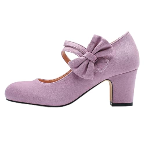 Pumps Damen Bowknot Mary Jane Schuhe Absatzschuhe Retro Heels Vintage Faux Wildleder Schuhe Geschlossene Runde Zehenpumpen Dirndlschuhe Büro Bequeme Hochzeitsschuhe von Generisch