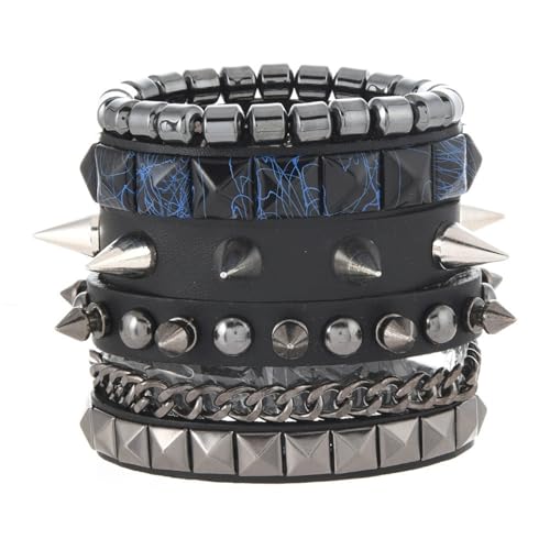 Punk Armbänder Set für Männer Frauen Retro Vintage Kette mit Nieten, Ketten & Geometrischen Charms | Stapelbare Gothic Grunge Manschetten für Rock Sport, Einheitsgröße, Leder Metall Leder Metall von Generisch