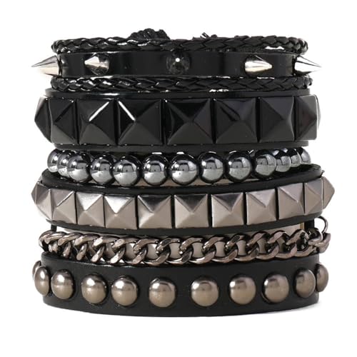 Punk Armbänder Set für Männer Frauen Retro Vintage Kette mit Nieten, Ketten & Geometrischen Charms | Stapelbare Gothic Grunge Manschetten für Rock Sport, Einheitsgröße, Leder Metall Leder Metall von Generisch