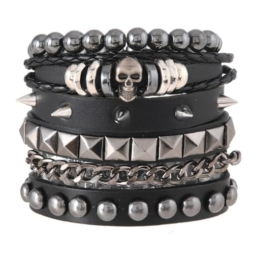 Punk Armbänder Set für Männer Frauen Retro Vintage Kette mit Nieten, Ketten & Geometrischen Charms | Stapelbare Gothic Grunge Manschetten für Rock Sport, Einheitsgröße, Leder Metall Leder Metall von Generisch