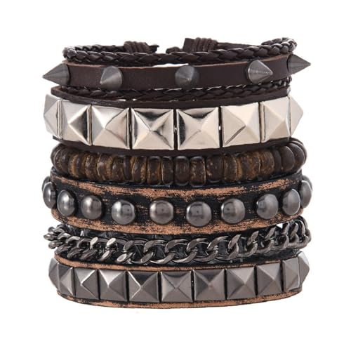 Punk Armbänder Set für Männer Frauen Retro Vintage Kette mit Nieten, Ketten & Geometrischen Charms | Stapelbare Gothic Grunge Manschetten für Rock Sport, Einheitsgröße, Leder Metall Leder Metall von Generisch