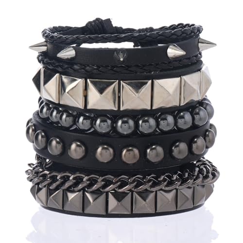 Punk Armbänder Set für Männer Frauen Retro Vintage Kette mit Nieten, Ketten & Geometrischen Charms | Stapelbare Gothic Grunge Manschetten für Rock Sport, Einheitsgröße, Leder Metall Leder Metall von Generisch