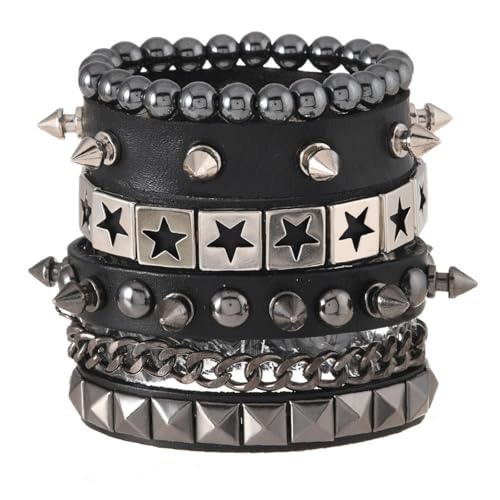Punk Armbänder Set für Männer Frauen Retro Vintage Kette mit Nieten, Ketten & Geometrischen Charms | Stapelbare Gothic Grunge Manschetten für Rock Sport, Einheitsgröße, Leder Metall Leder Metall von Generisch