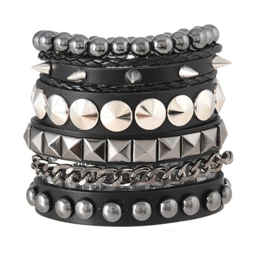 Punk Armbänder Set für Männer Frauen Retro Vintage Kette mit Nieten, Ketten & Geometrischen Charms | Stapelbare Gothic Grunge Manschetten für Rock Sport, Einheitsgröße, Leder Metall Leder Metall von Generisch