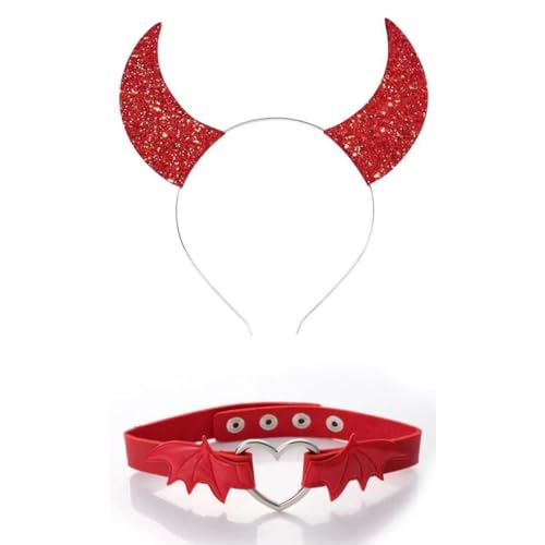 Punk-Kopfschmuck, Fledermausflügel, Halloween-Glitzer-Haarreif + Choker, Teufelsflügel, cooles Mädchen, Fledermausflügel, Themen-Zubehör von Generisch