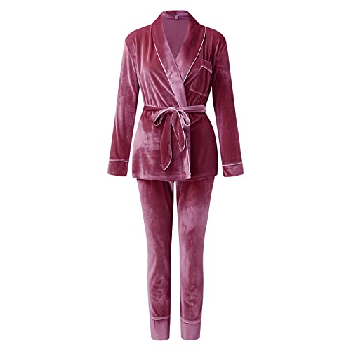 Pyjama Christmas Family Damen Herbst und Winter Langarm Gold Samt Anzug Strickjacke verdickte warme Hauskleidung Pyjamas Umstandsmode Damen Nachthemd (Purple, M) von Generisch