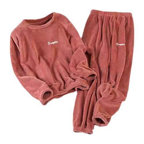 Pyjama Damen 2-Teilig Teddy Fleece Schlafanzug Winter-Pyjama-Set Korallenfleece- Flauschig Flanell Set Winter Thermo Aesthetic Nachtwäsche Langarm Pullover Lang Plüschhose Hausanzug (Brick Red, XXXXL) von Generisch