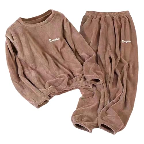 Pyjama Damen 2-Teilig Teddy Fleece Schlafanzug Winter-Pyjama-Set Korallenfleece- Flauschig Flanell Set Winter Thermo Aesthetic Nachtwäsche Langarm Pullover Lang Plüschhose Hausanzug (Coffee, XXL) von Generisch