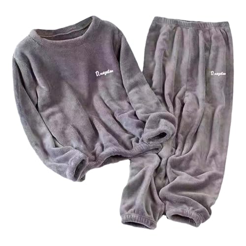 Pyjama Damen 2-Teilig Teddy Fleece Schlafanzug Winter-Pyjama-Set Korallenfleece- Flauschig Flanell Set Winter Thermo Aesthetic Nachtwäsche Langarm Pullover Lang Plüschhose Hausanzug (Grey, L) von Generisch