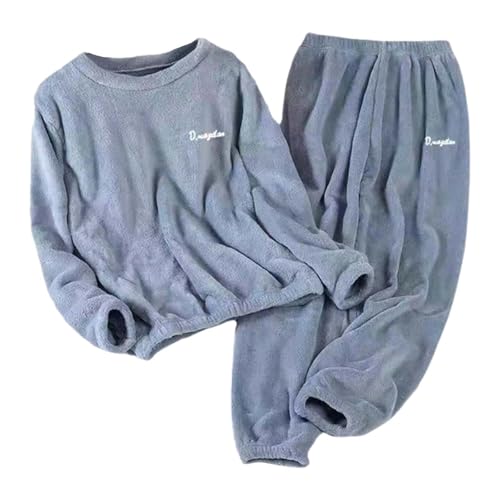 Pyjama Damen 2-Teilig Teddy Fleece Schlafanzug Winter-Pyjama-Set Korallenfleece- Flauschig Flanell Set Winter Thermo Aesthetic Nachtwäsche Langarm Pullover Lang Plüschhose Hausanzug (Light Blue, XL) von Generisch