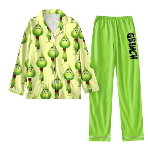 Pyjama Damen Lang Grinch Weihnachts Pyjama Damen Herren Lustiger 3D Druck Schlafanzug Schlafanzughose Mit Taschen LäSsig Weihnachten Knopf Bis Langarm Winter Schlafanzug Damen Warm Weihnachten von Generisch