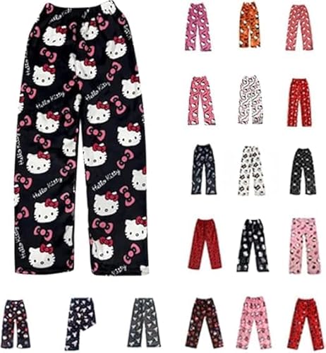 Pyjama Hose Damen Kinder Schlafanzughose Lang Kawaii Cute Cartoon Anime Pyjamas Mädchen Schlafhose Flanell Bequeme Schlafanzug Freizeit Pyjamahose Y2k Weihnachten Halloween von Generisch