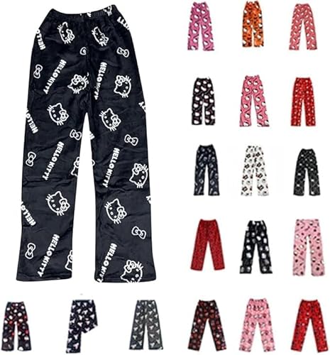 Pyjama Hose Damen Kinder Schlafanzughose Lang Kawaii Cute Cartoon Anime Pyjamas Mädchen Schlafhose Flanell Bequeme Schlafanzug Freizeit Pyjamahose Y2k Weihnachten Halloween von Generisch