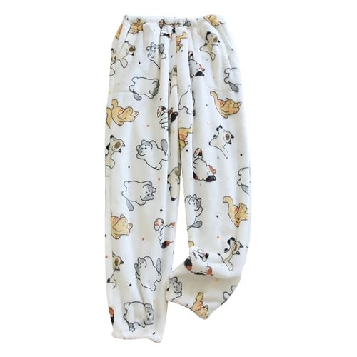 Pyjama Hose Damen Lang Plüsch - Plüschhose Damen Pyjama Fleecehose Bequeme Schlafanzughose Winter Warme Sporthose Weich Kawaii Pyjamas Bequeme Schlaghose Casual Weites Bein Home Hose Kuschelhose von Generisch