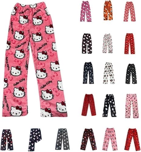 Pyjama Hose Damen Mädchen Kinder Schlafanzug Flanell Lang Casual Bequeme Frauen Schlafanzughosen Cute Kawaii Y2K Cartoon Anime Pyjamas Schlafhose Hosen Weich Sommer Weihnachten Halloween Hellrosa XXL von Generisch