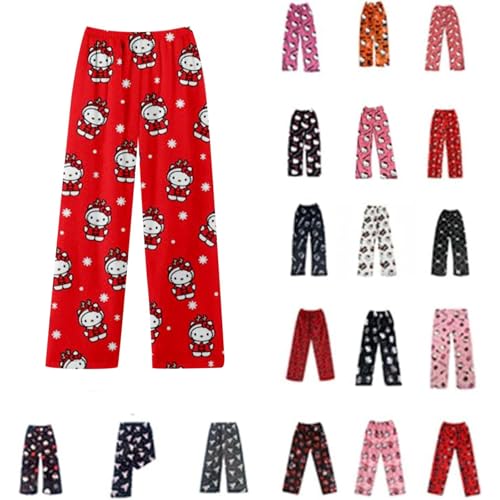 Pyjama Hose Damen Mädchen Kinder Schlafanzug Flanell Lang Casual Bequeme Frauen Schlafanzughosen Cute Kawaii Y2K Cartoon Anime Pyjamas Schlafhose Hosen Weich Sommer Weihnachten Halloween Rot XS von Generisch