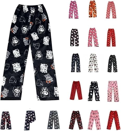 Pyjama Hose Damen Mädchen Kinder Schlafanzug Flanell Lang Casual Bequeme Frauen Schlafanzughosen Cute Kawaii Y2K Cartoon Anime Pyjamas Schlafhose Hosen Weich Sommer Weihnachten Halloween Schwarz 150 von Generisch
