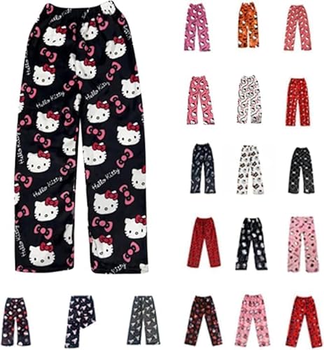 Pyjama Hose Damen Mädchen Kinder Schlafanzug Flanell Lang Casual Bequeme Frauen Schlafanzughosen Cute Kawaii Y2K Cartoon Anime Pyjamas Schlafhose Hosen Weich Sommer Weihnachten Halloween Schwarz M von Generisch