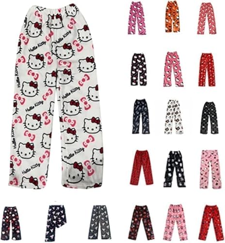 Pyjama Hose Damen Mädchen Kinder Schlafanzug Flanell Lang Casual Bequeme Frauen Schlafanzughosen Cute Kawaii Y2K Cartoon Anime Pyjamas Schlafhose Hosen Weich Sommer Weihnachten Halloween Weiß XXL von Generisch