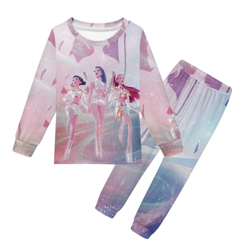 Pyjama 𝙆𝙥𝙤𝙥 Demon Schlafanzüge für Mädchen Zweiteiliges Set Pyjama K-pop Anime Drucken Pyjamahose und Langram Oberteile Kinder Hausanzug Loungewear(Dunkelgrau,130) von Generisch