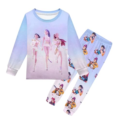 Pyjama 𝙆𝙥𝙤𝙥 Demon Schlafanzüge für Mädchen Zweiteiliges Set Pyjama K-pop Anime Drucken Pyjamahose und Langram Oberteile Kinder Hausanzug Loungewear(Dunkelviolett,140) von Generisch
