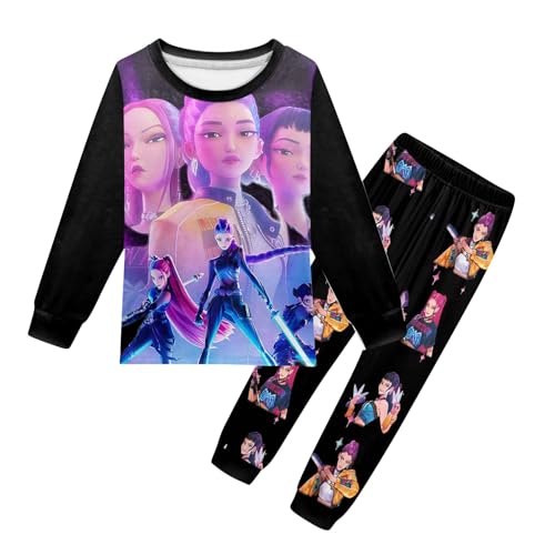 Pyjama 𝙆𝙥𝙤𝙥 Demon Schlafanzüge für Mädchen Zweiteiliges Set Pyjama K-pop Anime Drucken Pyjamahose und Langram Oberteile Kinder Hausanzug Loungewear(Grau,120) von Generisch