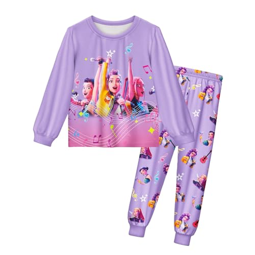 Pyjama 𝙆𝙥𝙤𝙥 Demon Schlafanzüge für Mädchen Zweiteiliges Set Pyjama K-pop Anime Drucken Pyjamahose und Langram Oberteile Kinder Hausanzug Loungewear(Lila,130) von Generisch