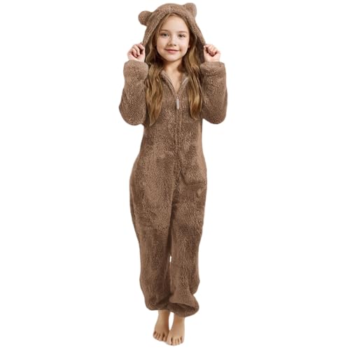 Pyjama Mädchen Fleece Einfarbig Schlafanzug mit Kapuze und Reißverschluss Overall Weich Bequem Onesie Warm Plüsch Jumpsuit Einteiler Schlafoverall Kinder Von 3 Bis 12 Jahre von Generisch