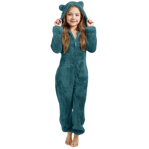 Pyjama Mädchen Fleece Einfarbig Schlafanzug mit Kapuze und Reißverschluss Overall Weich Bequem Onesie Warm Plüsch Jumpsuit Einteiler Schlafoverall Kinder Von 3 Bis 12 Jahre von Generisch