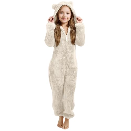 Pyjama Mädchen Fleece Einfarbig Schlafanzug mit Kapuze und Reißverschluss Overall Weich Bequem Onesie Warm Plüsch Jumpsuit Einteiler Schlafoverall Kinder Von 3 Bis 12 Jahre von Generisch