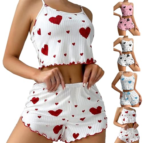 Pyjama Set Damen kurz Schlafanzug Herz-Print spaghettiträger Camisole Top und Shorts Zweiteiler Outfit Hausanzug Sommer Bequem Lounge Set Ärmellos Nachtwäsche Loungewear Sleepwear Set von Generisch
