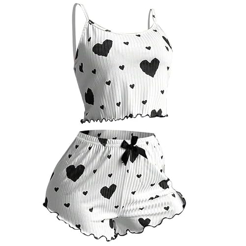 Pyjama Set Damen kurz Schlafanzug Herz-Print spaghettiträger Camisole Top und Shorts Zweiteiler Outfit Hausanzug Sommer Bequem Lounge Set Ärmellos Nachtwäsche Loungewear Sleepwear Set von Generisch