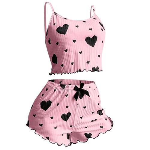 Pyjama Set Damen kurz Schlafanzug Herz-Print spaghettiträger Camisole Top und Shorts Zweiteiler Outfit Hausanzug Sommer Bequem Lounge Set Ärmellos Nachtwäsche Loungewear Sleepwear Set von Generisch